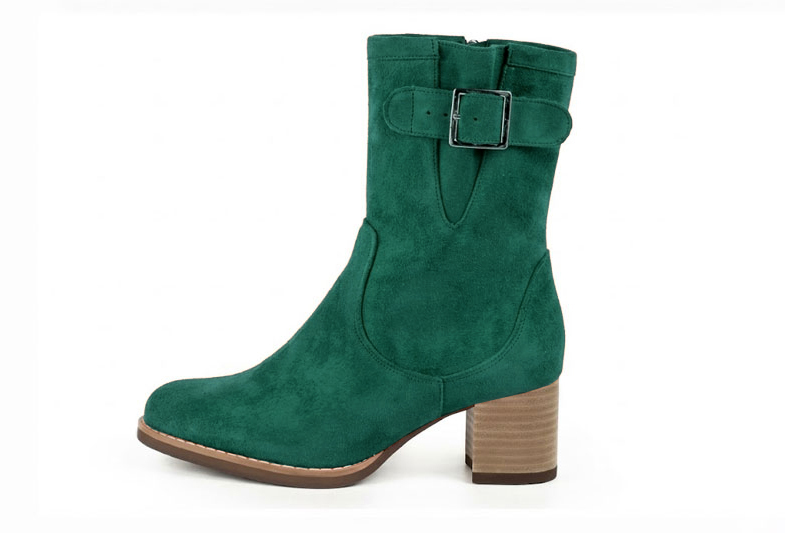 Classic leather ankle boots featuring adjustable side buckles and sleek hardware for secure support and timeless everyday style, in emerald green leather with round toe and mid block heel - Florence KOOIJMAN